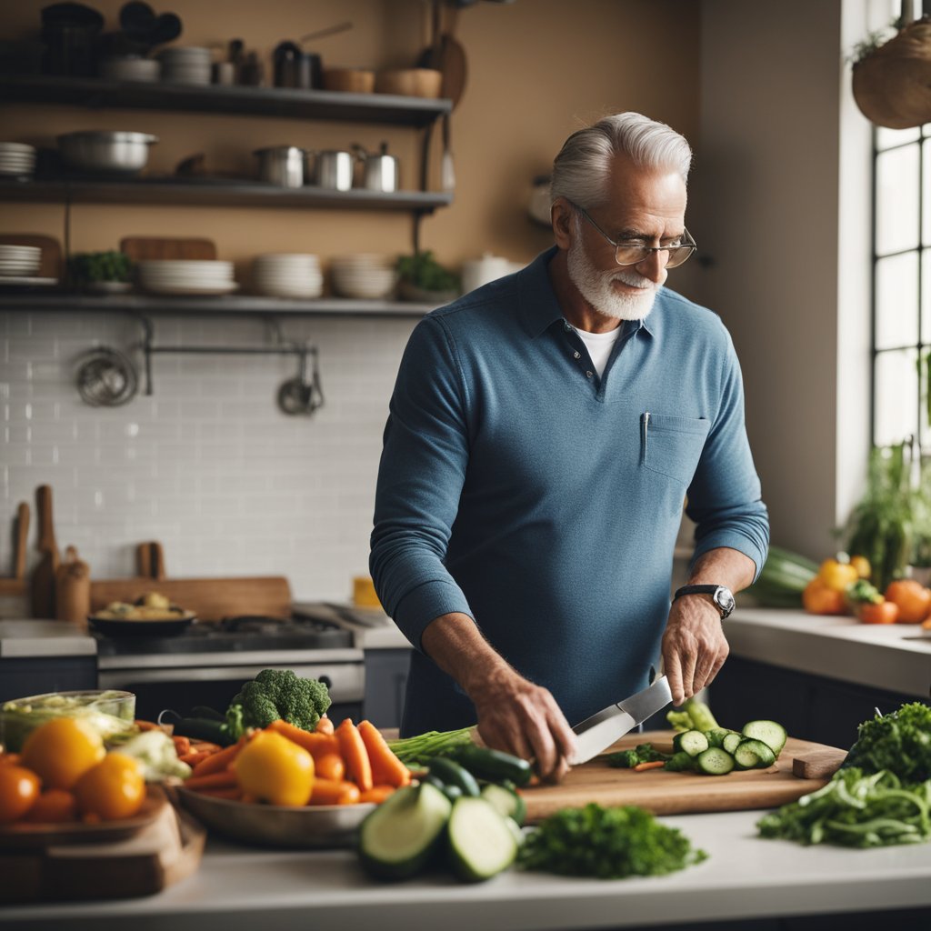 fit older dad preparing vegan meals in kitchen