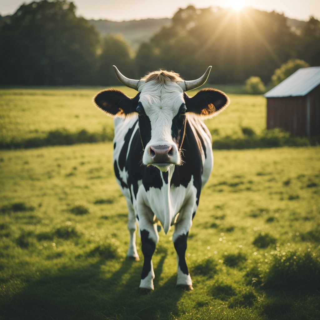 cow in a field by barn