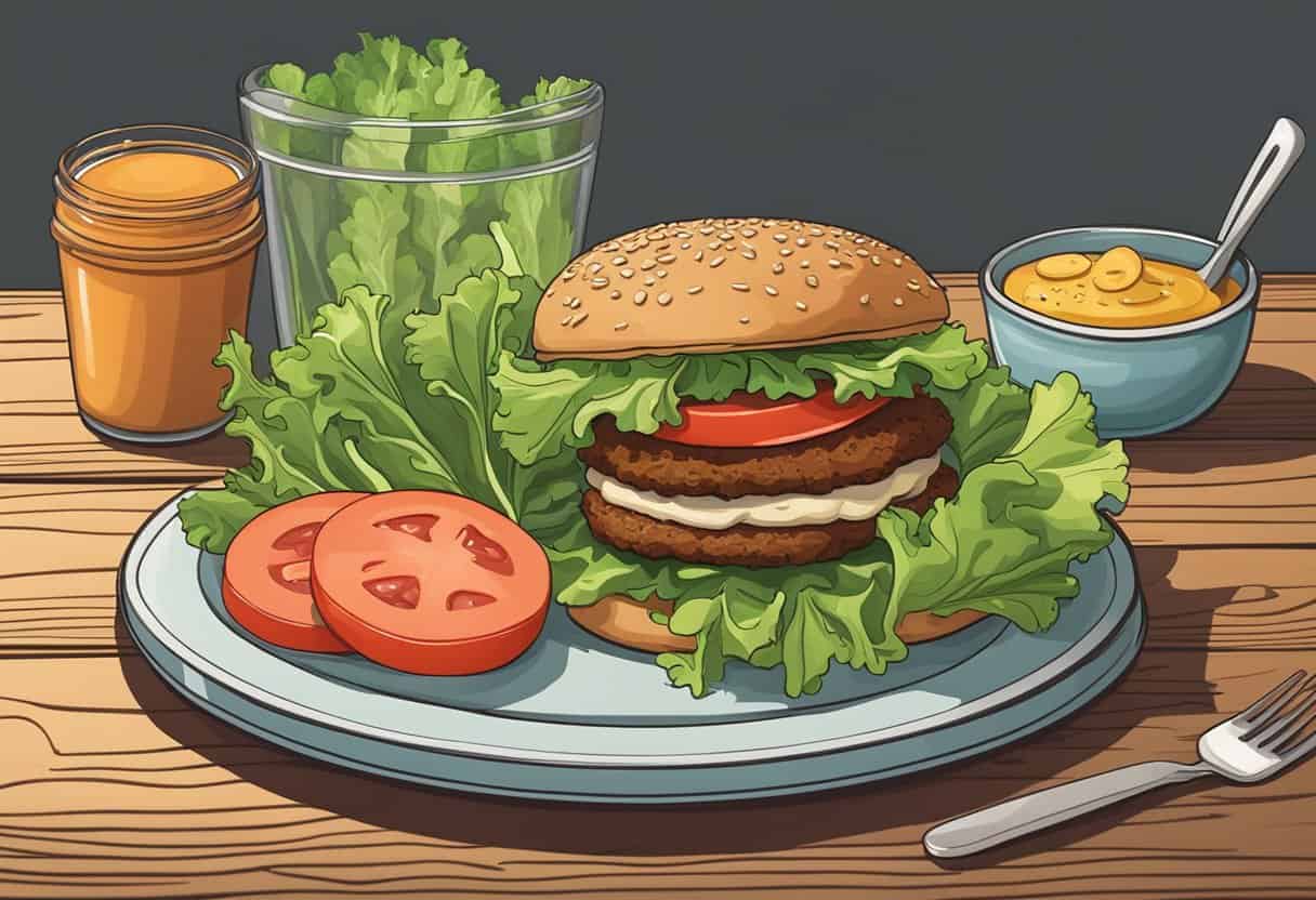 Trader Joe's veggie burgers with lettuce, tomato, and avocado on a bun